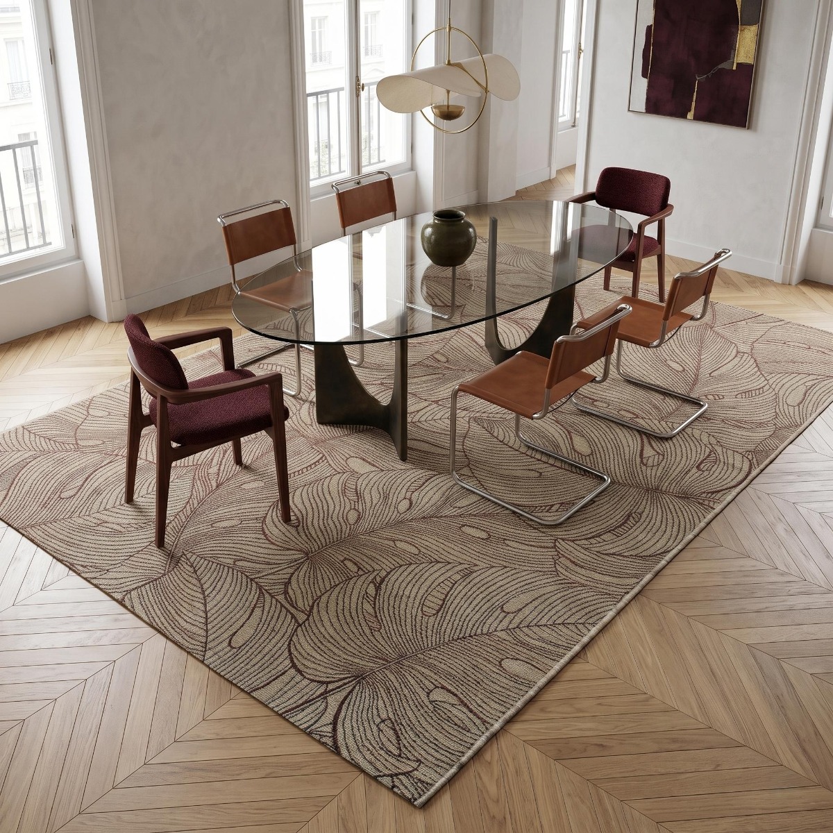 Tapis extérieur intérieur  bordeaux motif feuillage ORSA beige et bordeaux, THE DECO FACTORY