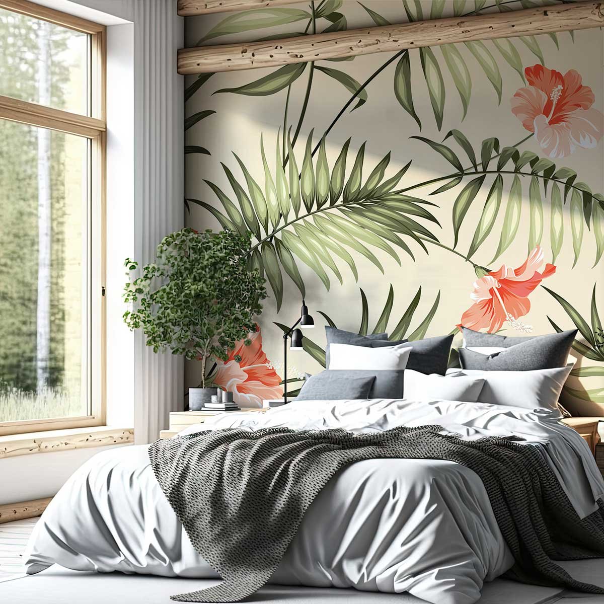 Papier peint fleurs roses tropicales intissé, HEXOA