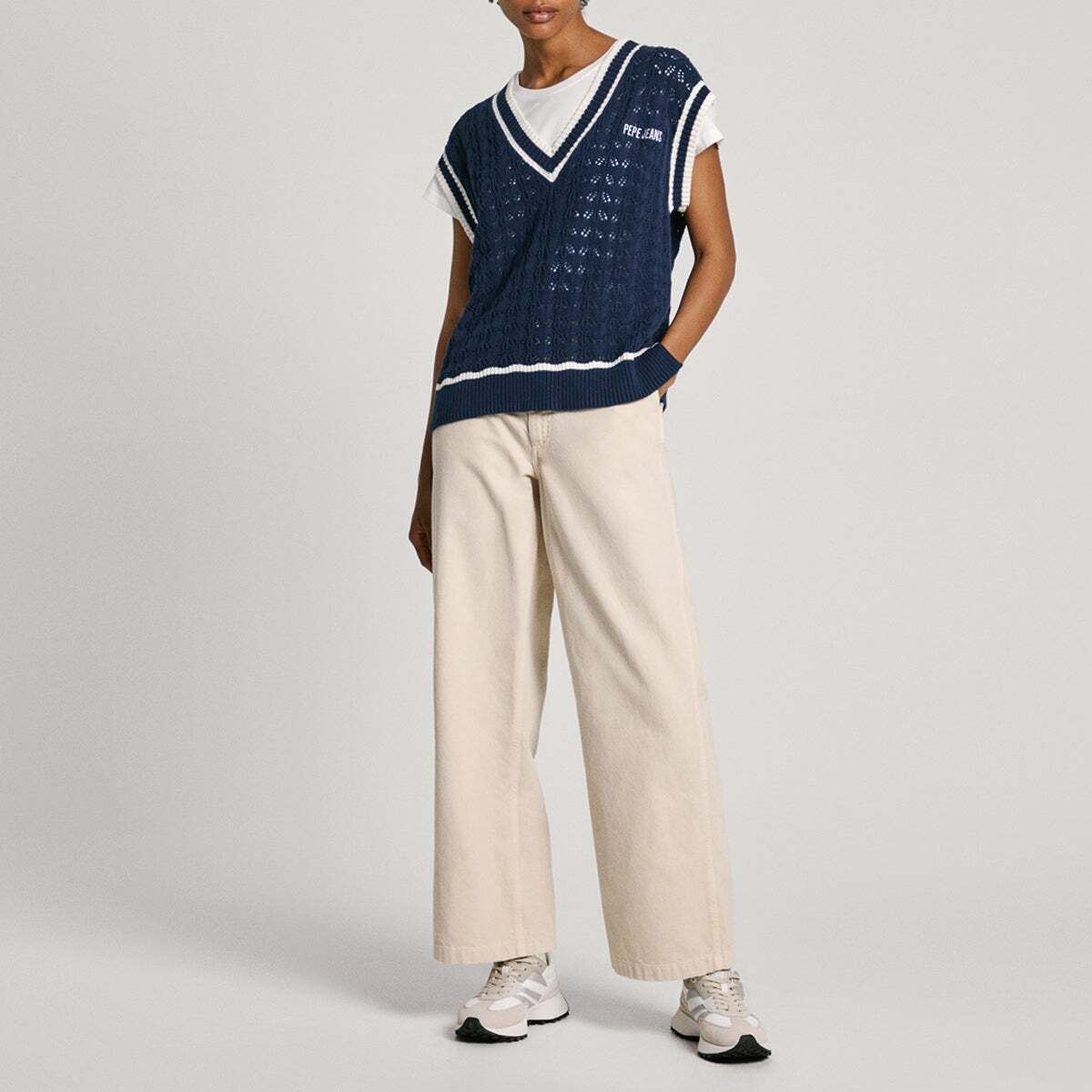 Gilet Col V En Maille Ajourée bleu marin, PEPE JEANS