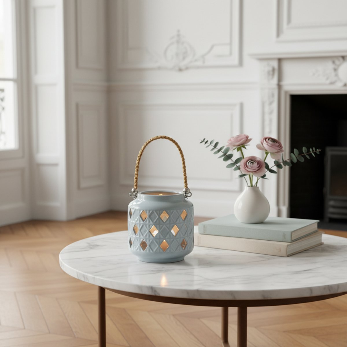 Lanterne décorative en grès H13 gris, SIA DECO