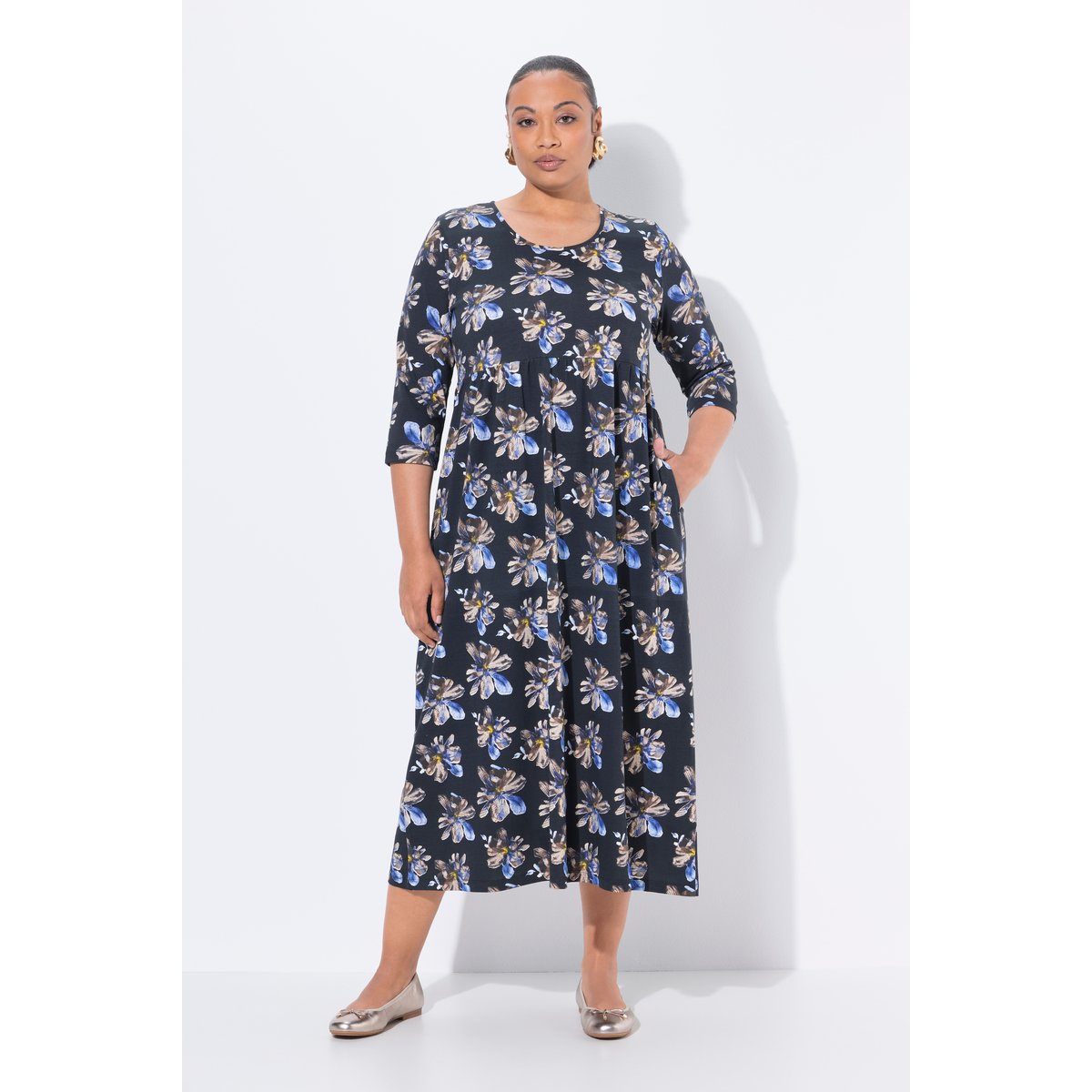 Robe maxi en jersey, motif à fleurs, poches noir, ULLA POPKEN
