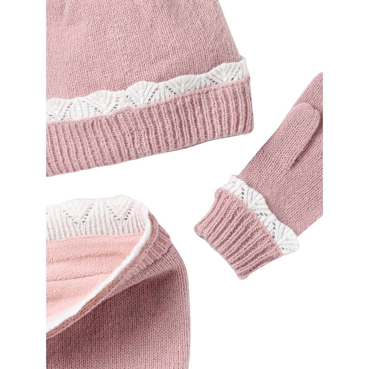 Ensemble bonnet, snood et gants en tricot rose pâle, VERTBAUDET