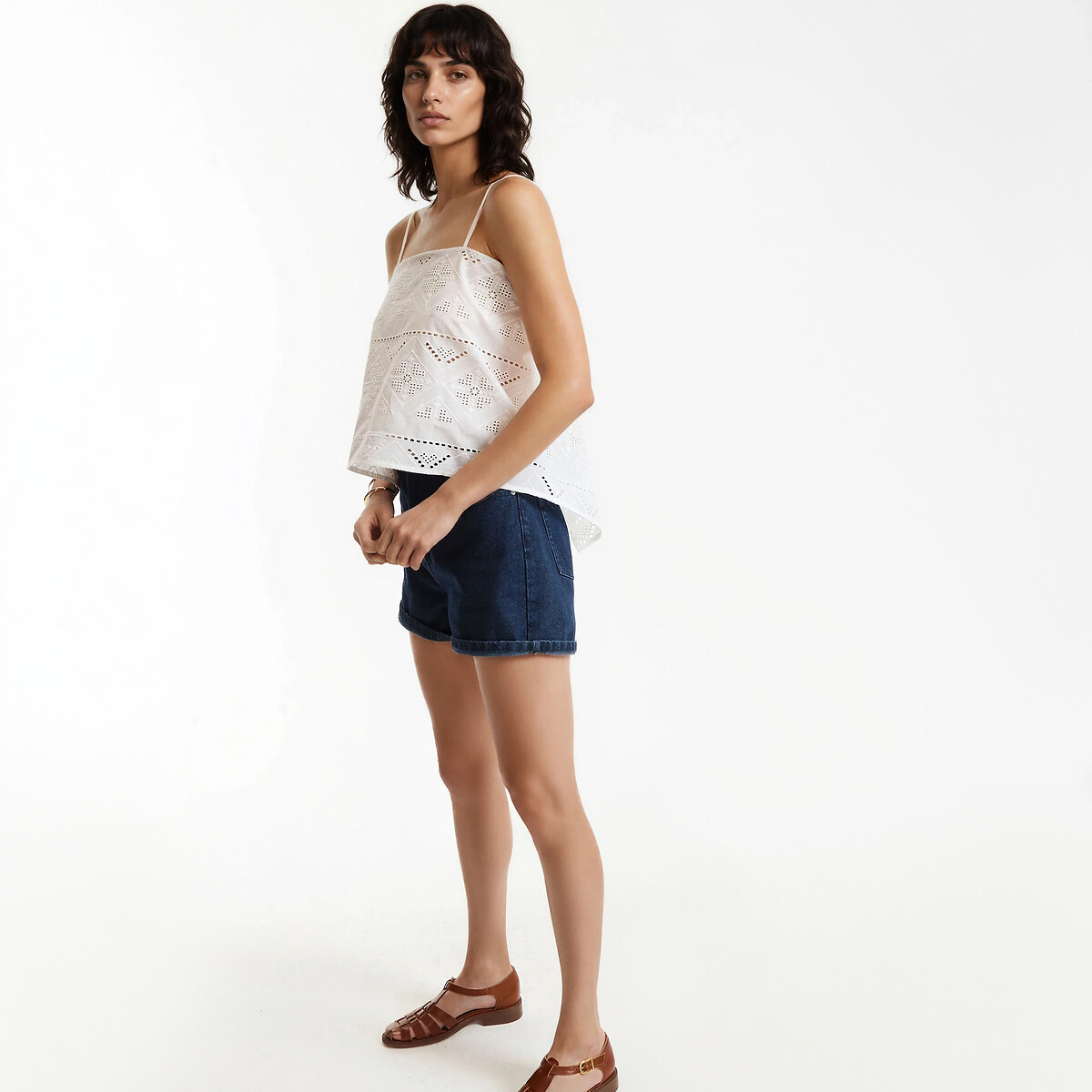 Top à fines bretelles en broderie anglaise blanc, LA REDOUTE COLLECTIONS