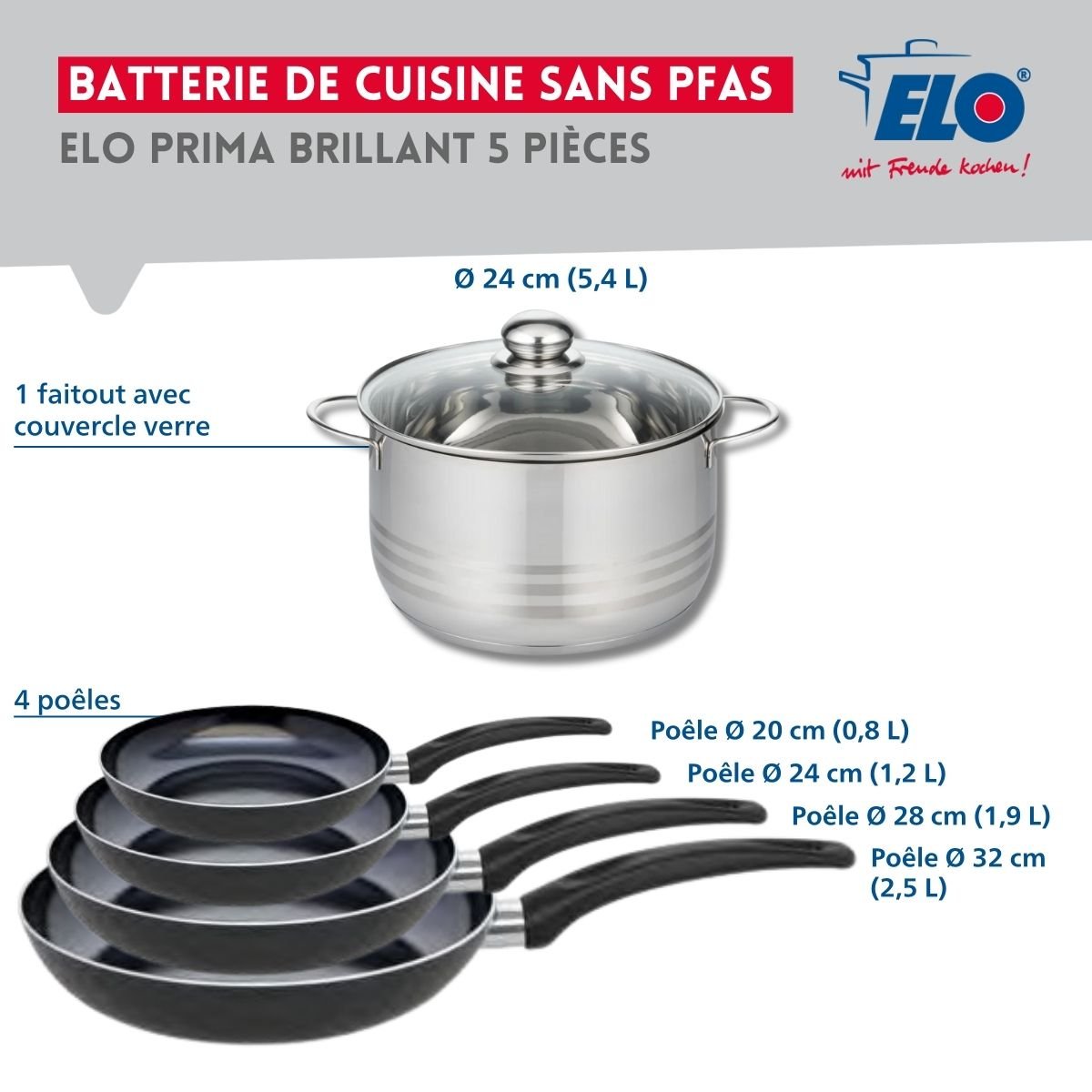 Batterie 4 poêles 20/24/28/32cm + 1 faitout 24cm PRIMA BRILLANT noir, ELO