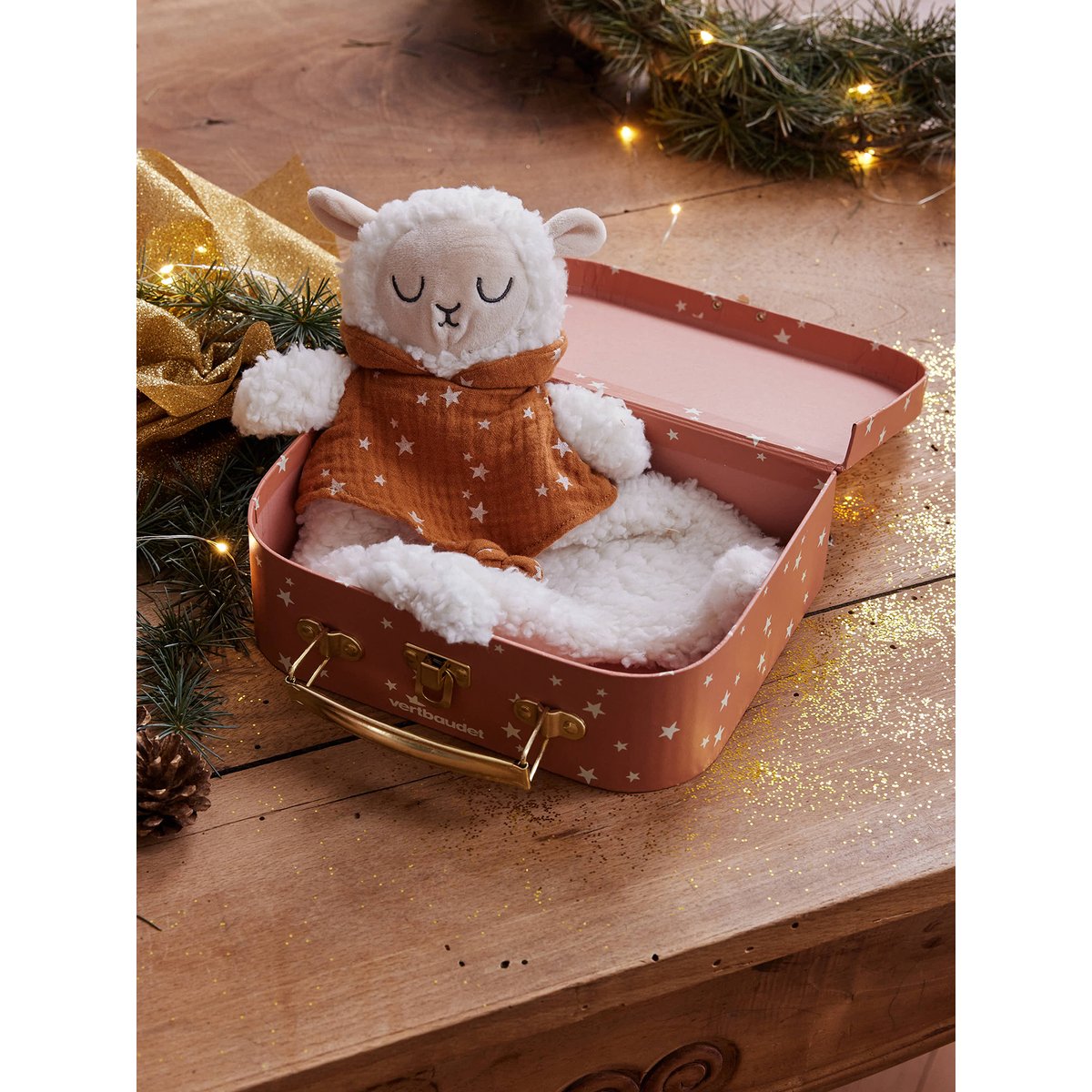 Doudou mouton bi-matière avec mallette beige, VERTBAUDET