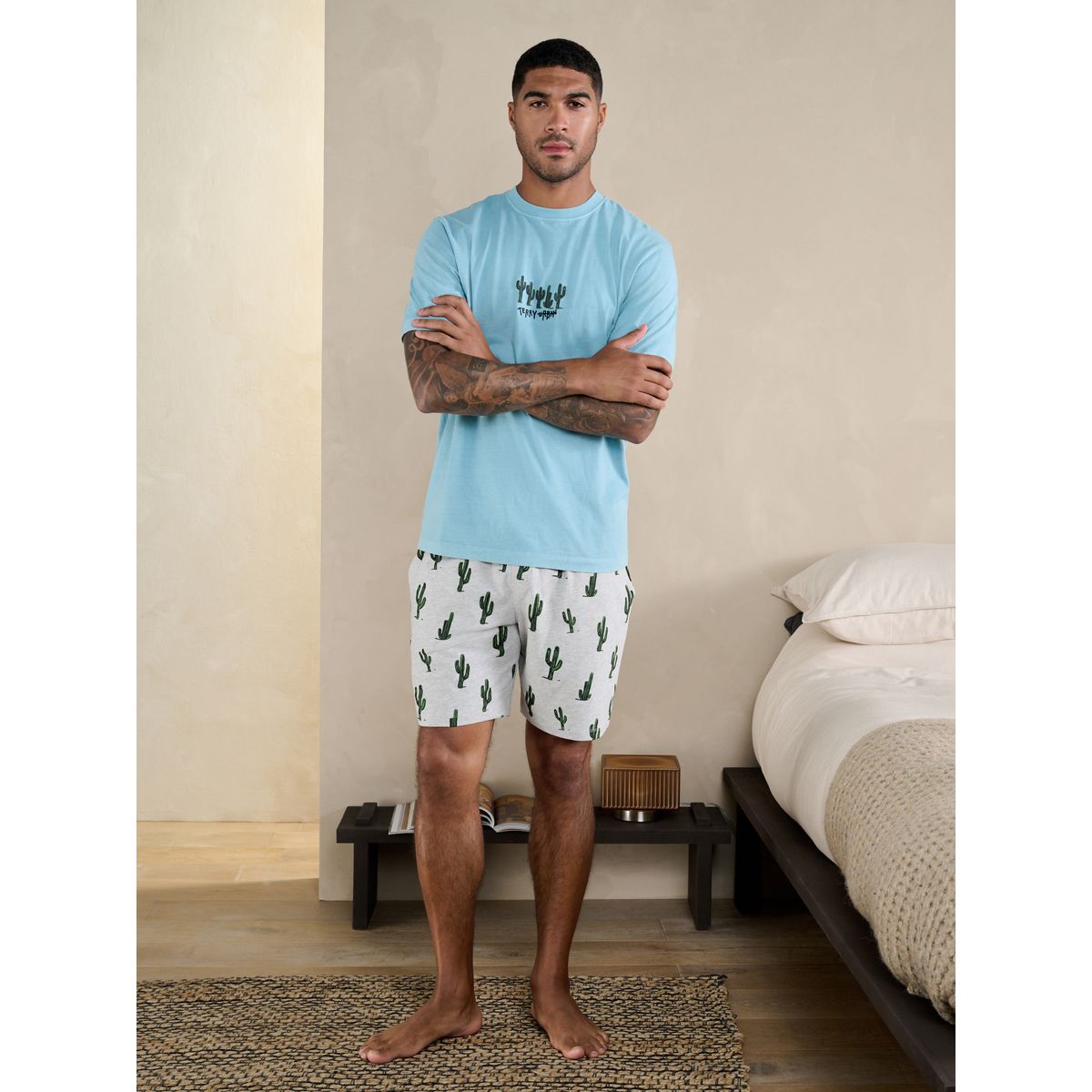Pyjama à manches courtes en tissu terry bleu/gris, NEXT