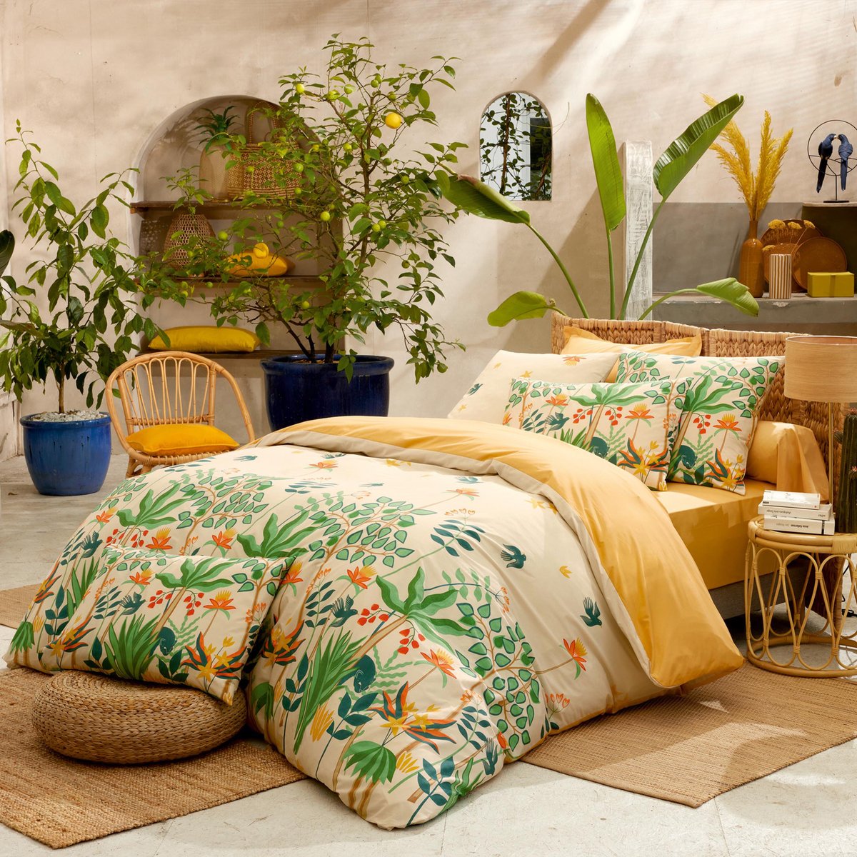 Parure de lit 2 pièces percale de coton 80 fils tropical housse + taie vert, TRADILINGE