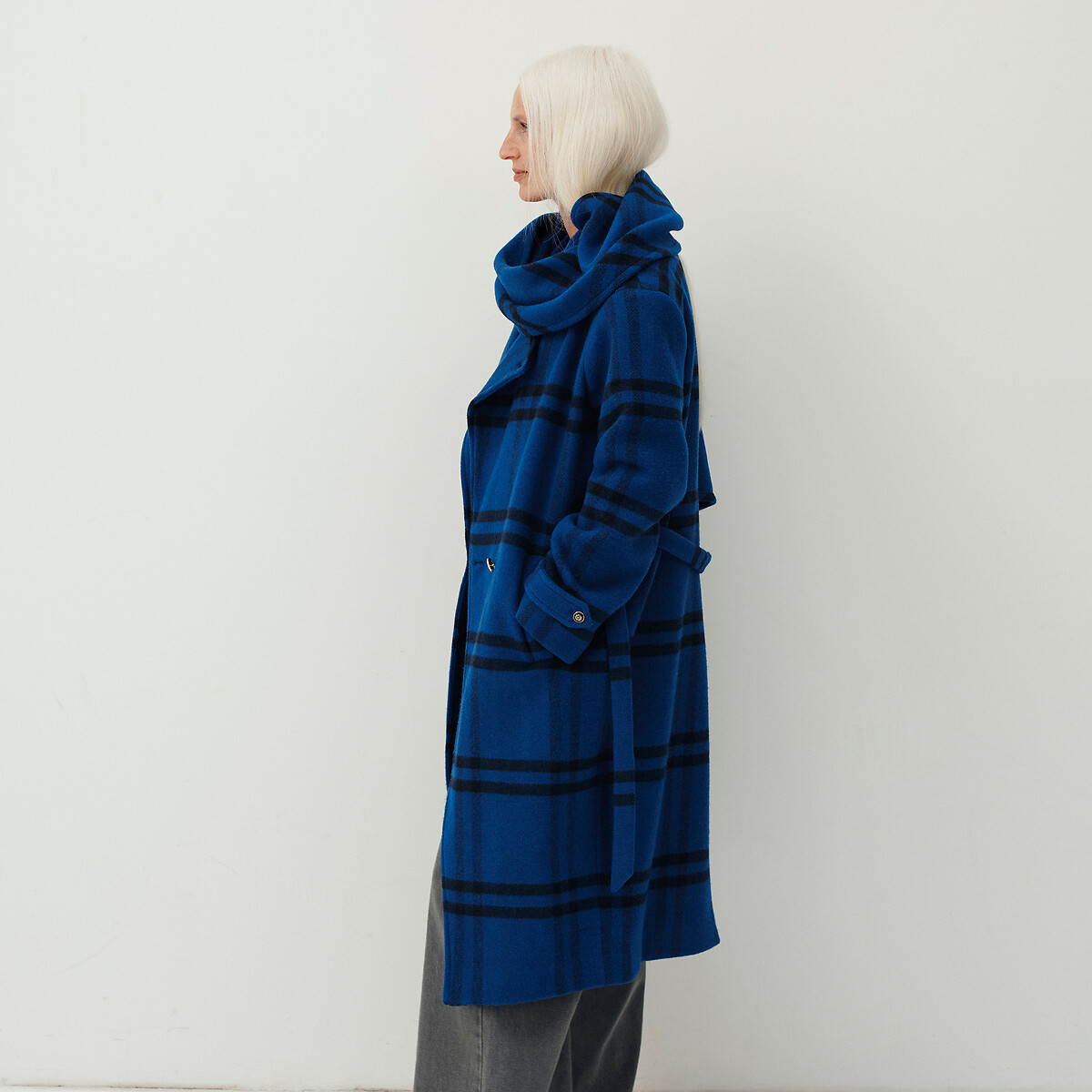 Checked Scarf Coat in Wool Blend blue checks, La Redoute Collections x Lucie Brochard