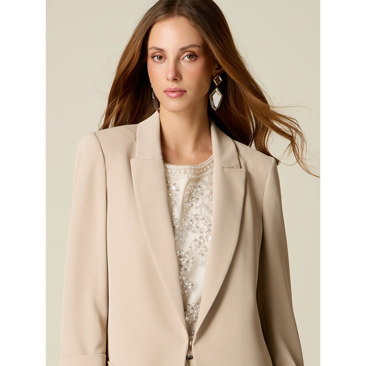 Blazer droit à manches trois-quarts beige, OLTRE