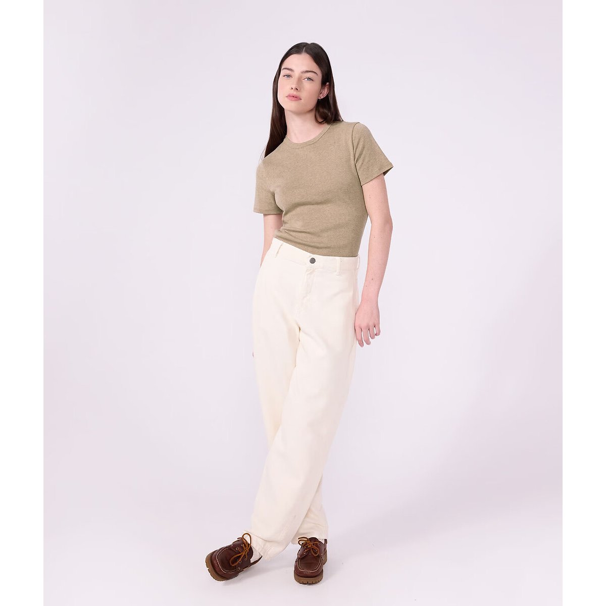 Camiseta con cuello redondo, manga corta beige , PETIT BATEAU