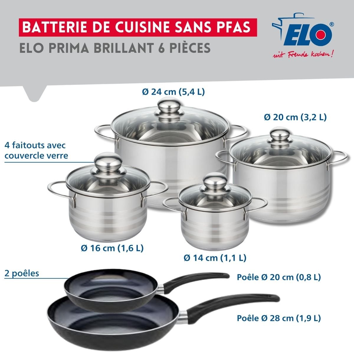 2 poêles 20/28cm + 4 faitouts 14/16/20/24cm PRIMA BRILLANT noir, ELO