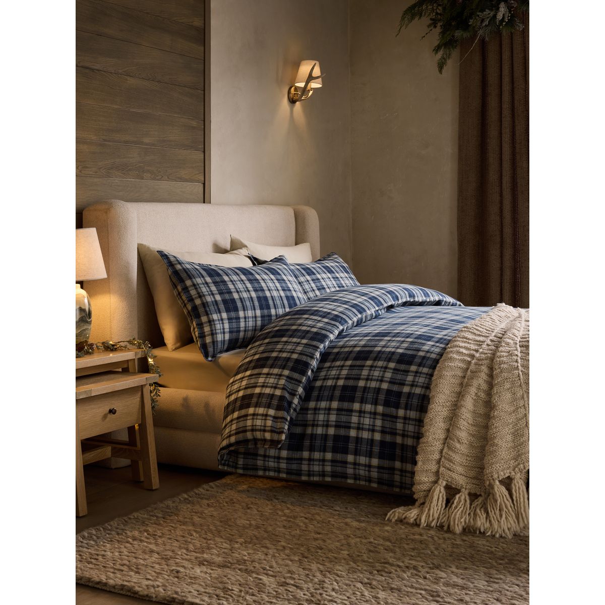 Housse couette/taie d'oreiller effet brossé carreaux bleus, NEXT