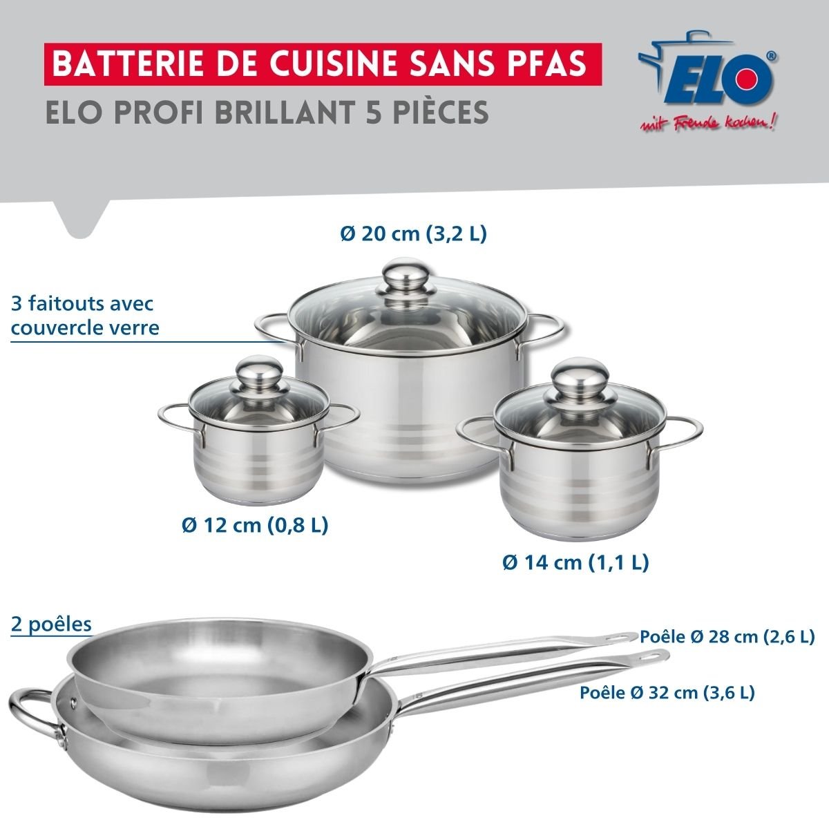 Batterie 2 poêles 28/32cm + 3 faitouts 12/14/20cm PROFI BRILLANT inox, ELO
