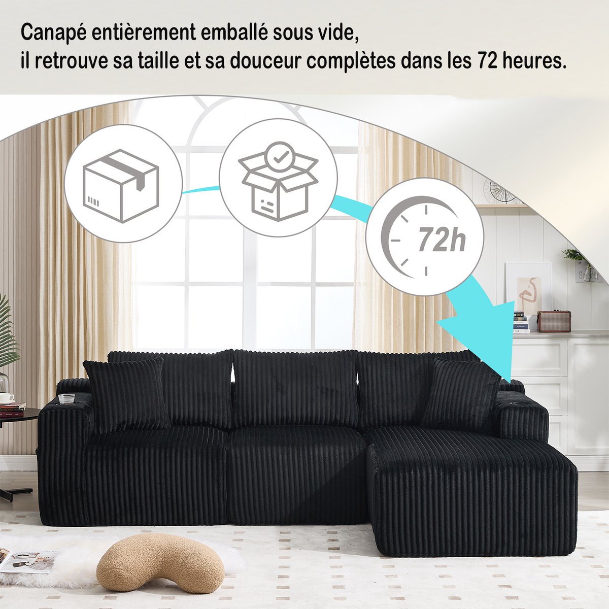 Canapé d’angle 3 places design moderne en velours côtelé avec méridienne, poches latérales et porte-gobelets, SCANDB noir, MEUBLES COSY