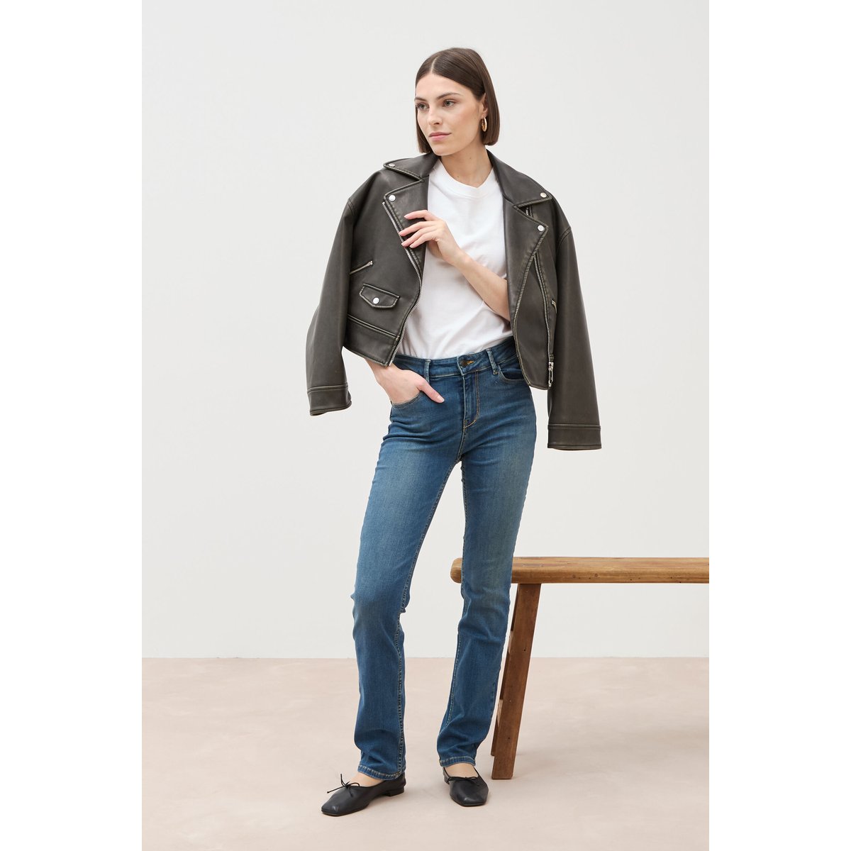 Jeans regular taille haute bleu fonce, BONOBO