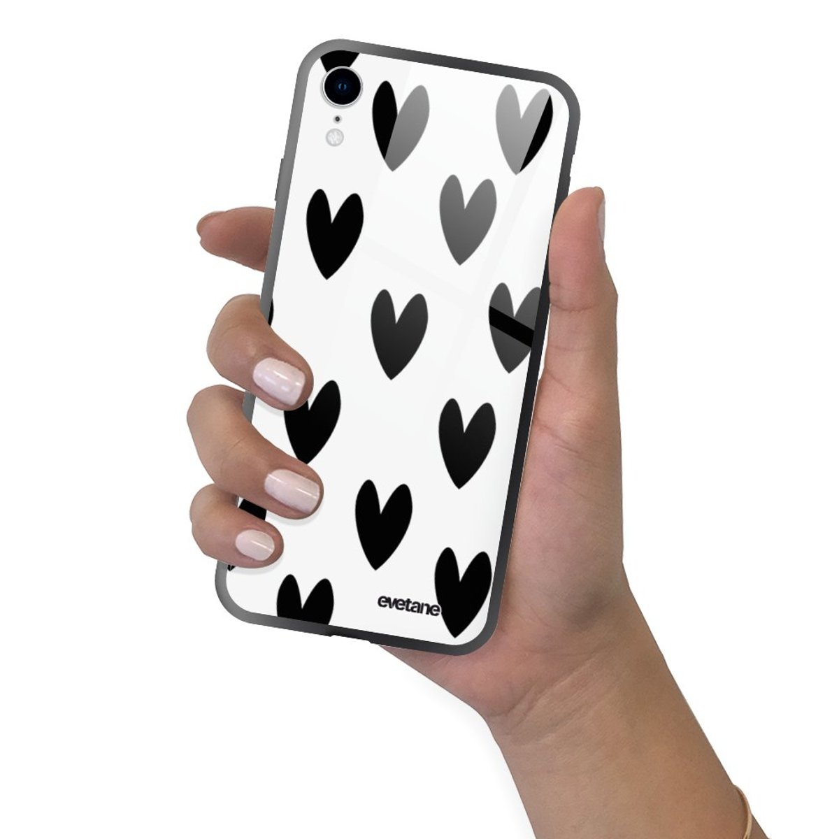 Coque en verre trempé iPhone Xr coeurs noirs, EVETANE