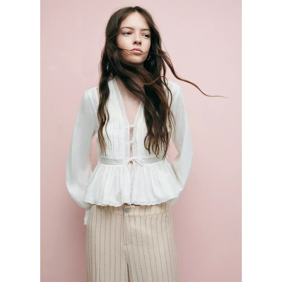 Blouse texturée détails ajourés blanc cassé, MANGO TEEN