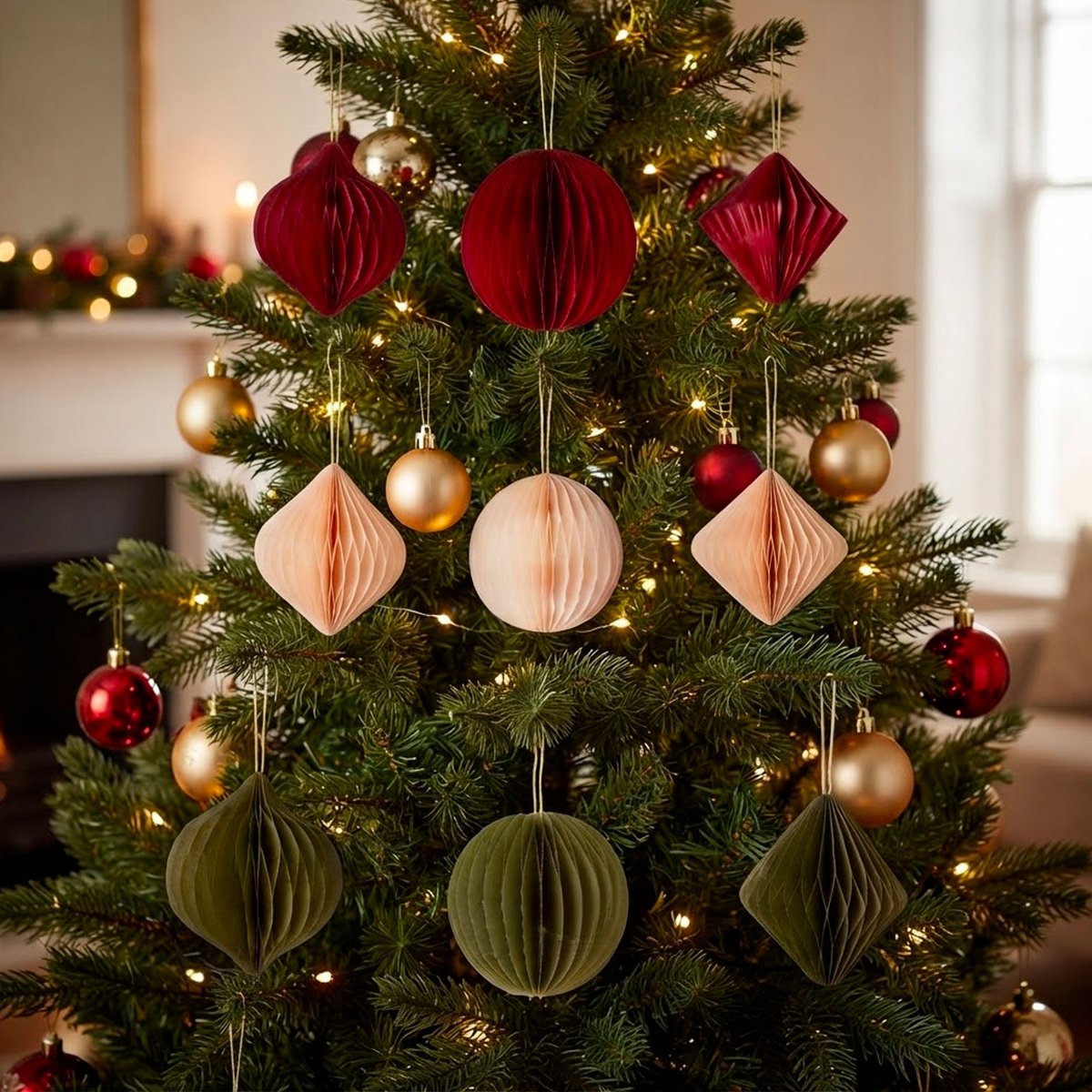 Set de 9 boules de Noël pliage papier rouge, vert, blanc 6cm multicolore, WADIGA