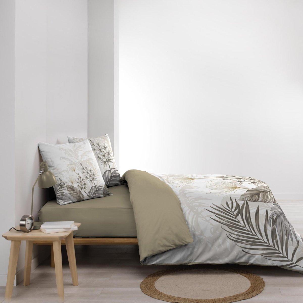 Parure de lit 3 pièces coton motif feuillage floral housse + 2 taies blanc, DOUCEUR D'INTÉRIEUR