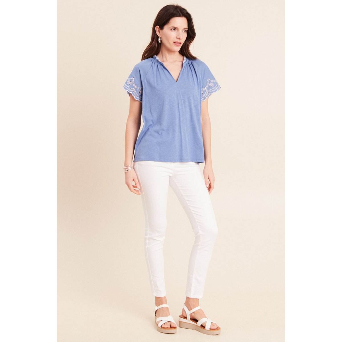 Blouse col tunisien manches courtes bleu ciel, BREAL