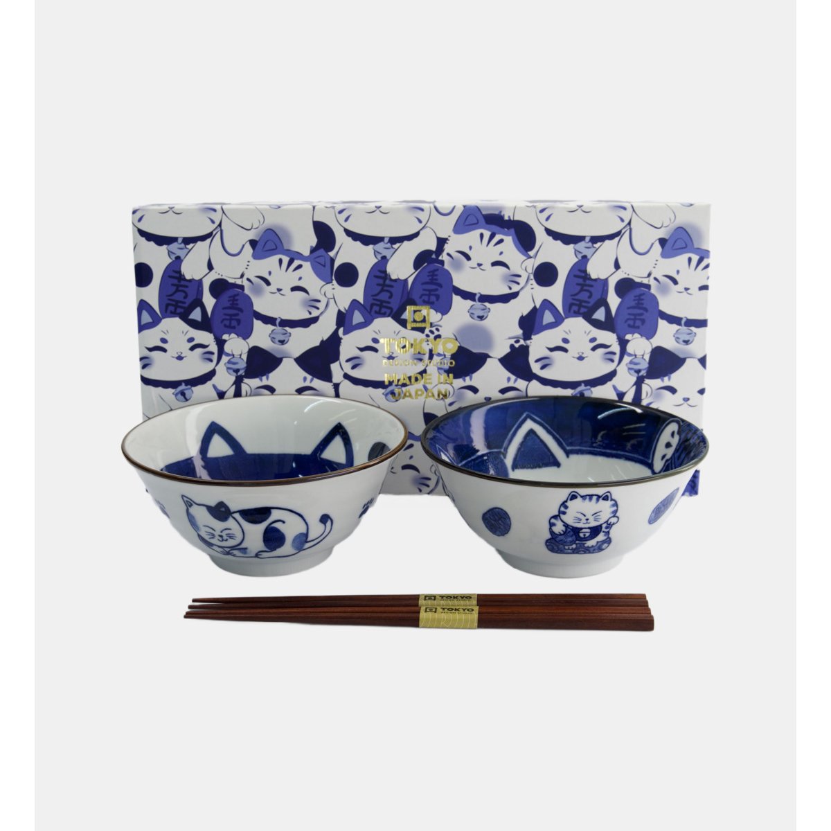 Coffret de 2 bols tayo et 2 paires de baguettes - chat bleu et blanc, TOKYO DESIGN STUDIO
