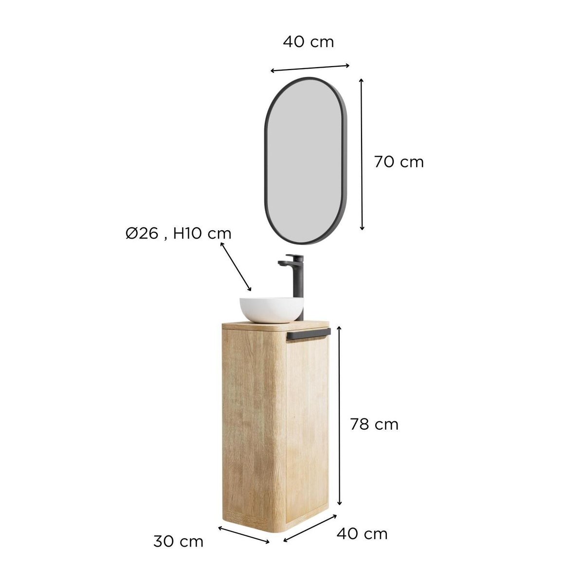 Ensemble meuble lave-mains TOM + vasque + miroir chêne, MOB IN