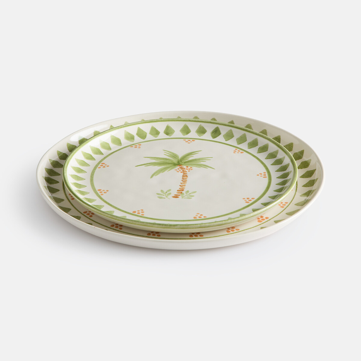 Set aus 4 flachen Tellern, aus Steingut, LIMAO palmendruck, LA REDOUTE INTERIEURS