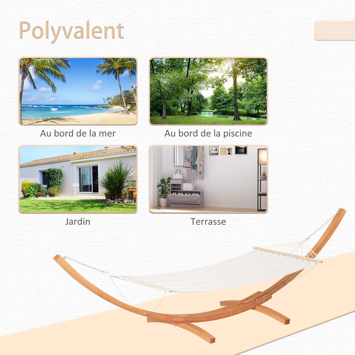 Hamac de jardin 1 place avec support en bois blanc, OUTSUNNY
