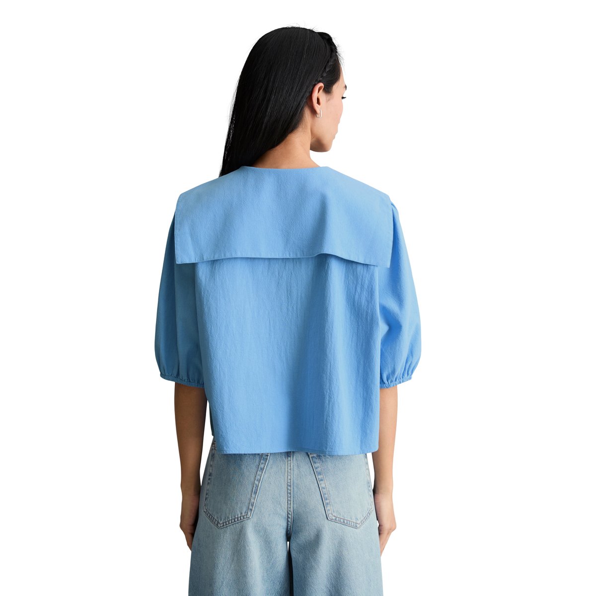 Blouse de marin à manches courtes Crinkle regular en coton bio léger bleu moyen, MARC O’POLO DENIM