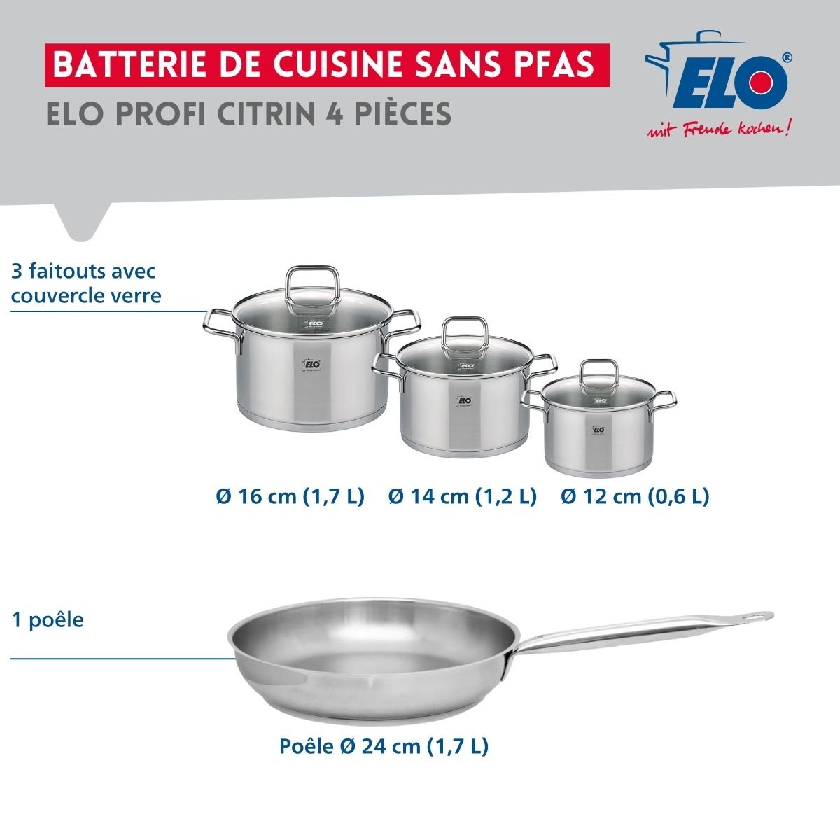 Batterie 1 poêle 24cm + 3 faitouts 12/14/16cm PROFI CITRIN gris, ELO