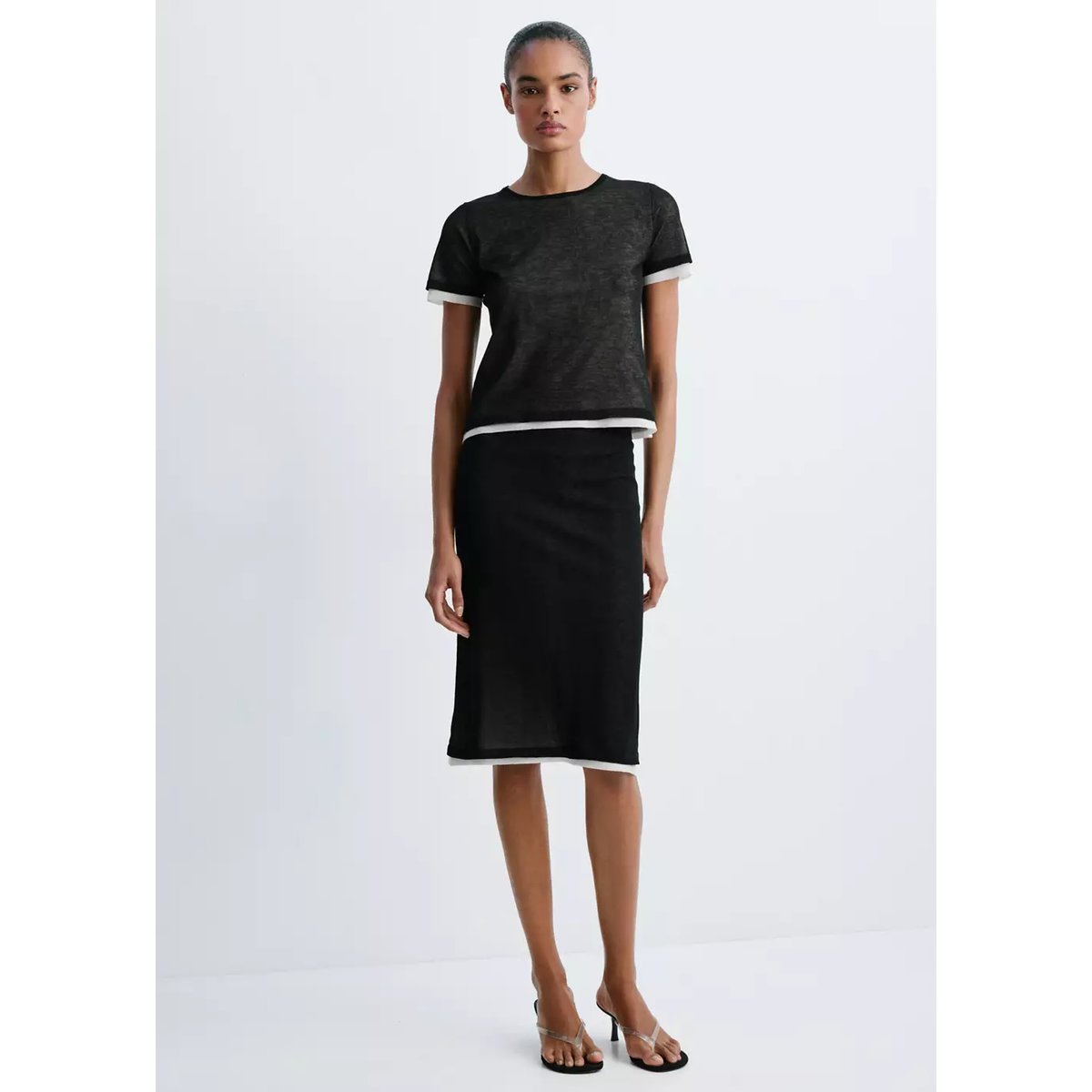 Jupe midi combinée noir, MANGO