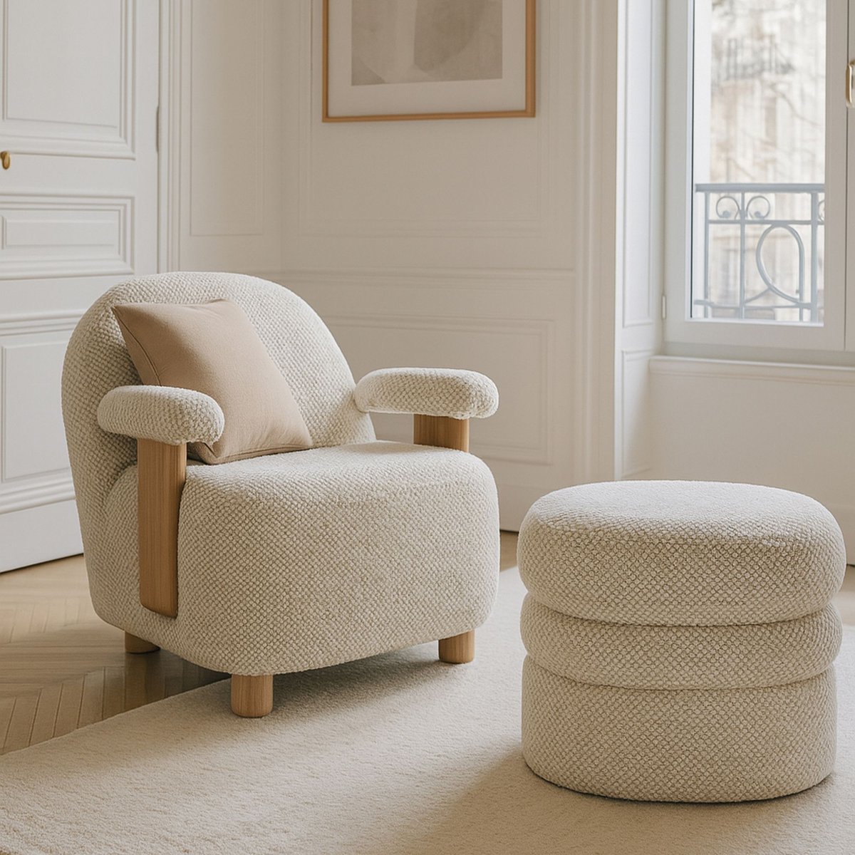 Fauteuil en bouclette et structure en bois, ULYSSE beige-naturel, NOW'S HOME