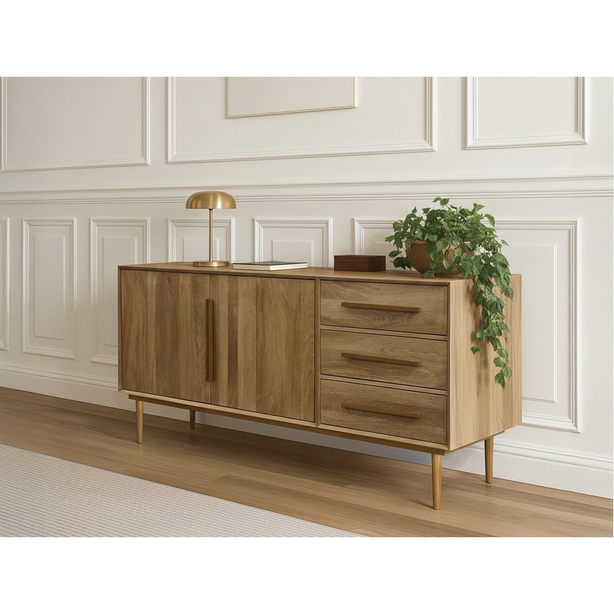 Buffet bas en bois massif 2 portes 3 tiroirs 180 cm, BRUGES marron clair, BOBOCHIC