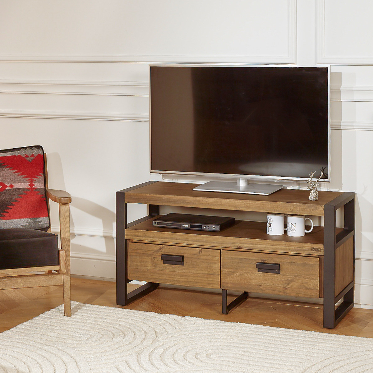 Meuble tv style contemporain en pin et métal, 2 tiroirs JACK marron, ROBIN DES BOIS