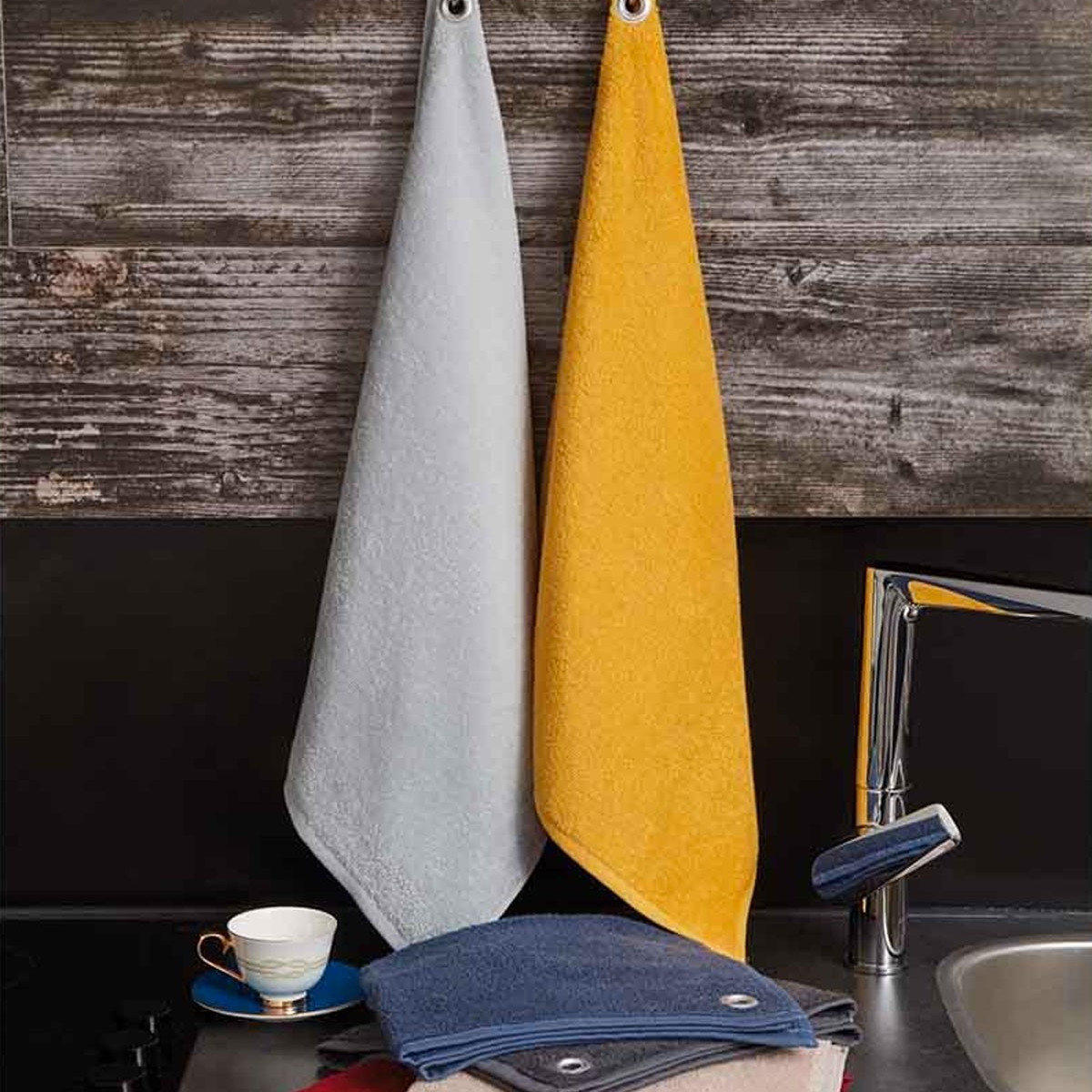 Lot de 3 torchons carrés avec œillet AMAIA anthracite, SENSEI MAISON