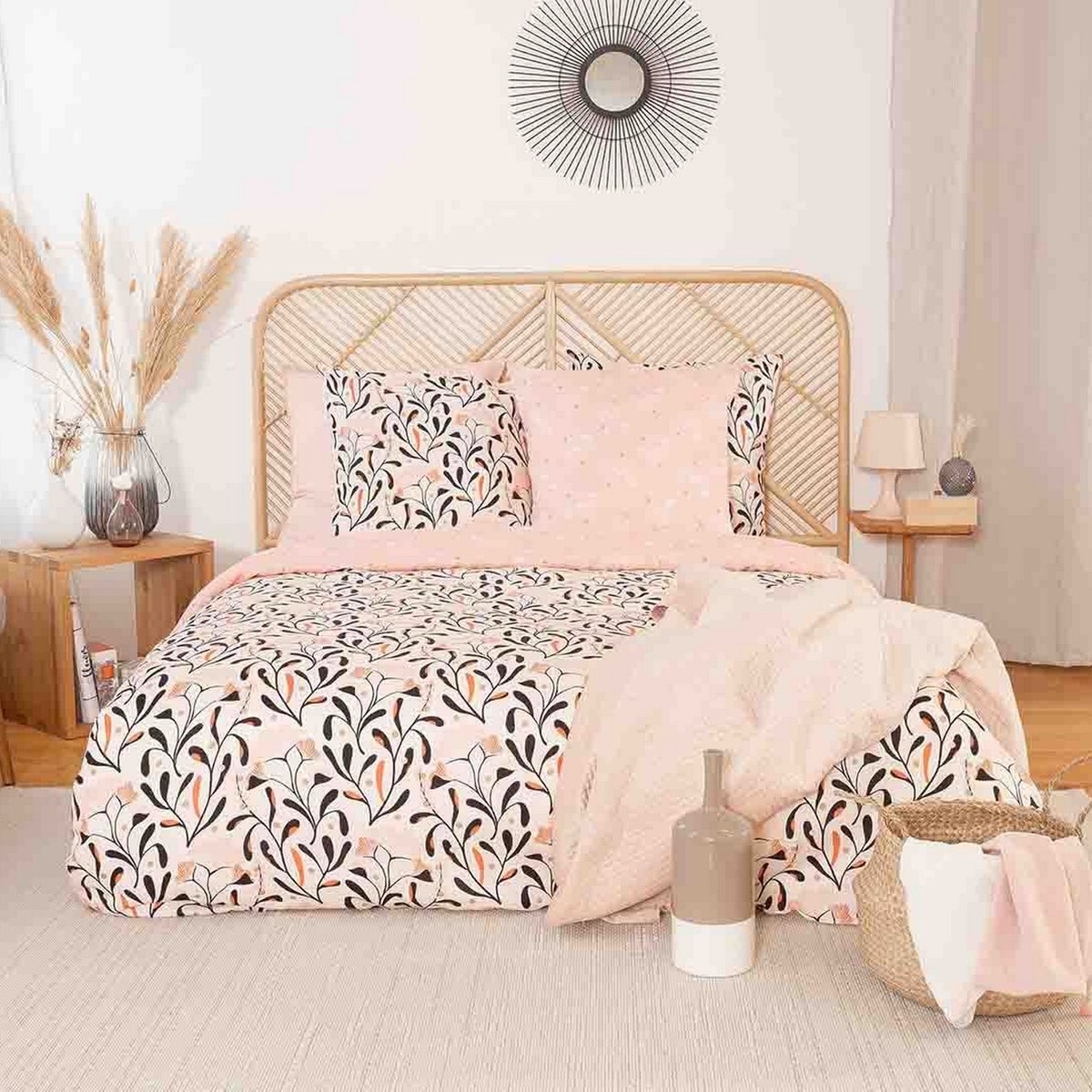 Parure de lit - housse de couette en satin de coton imprimée rose, EDEN