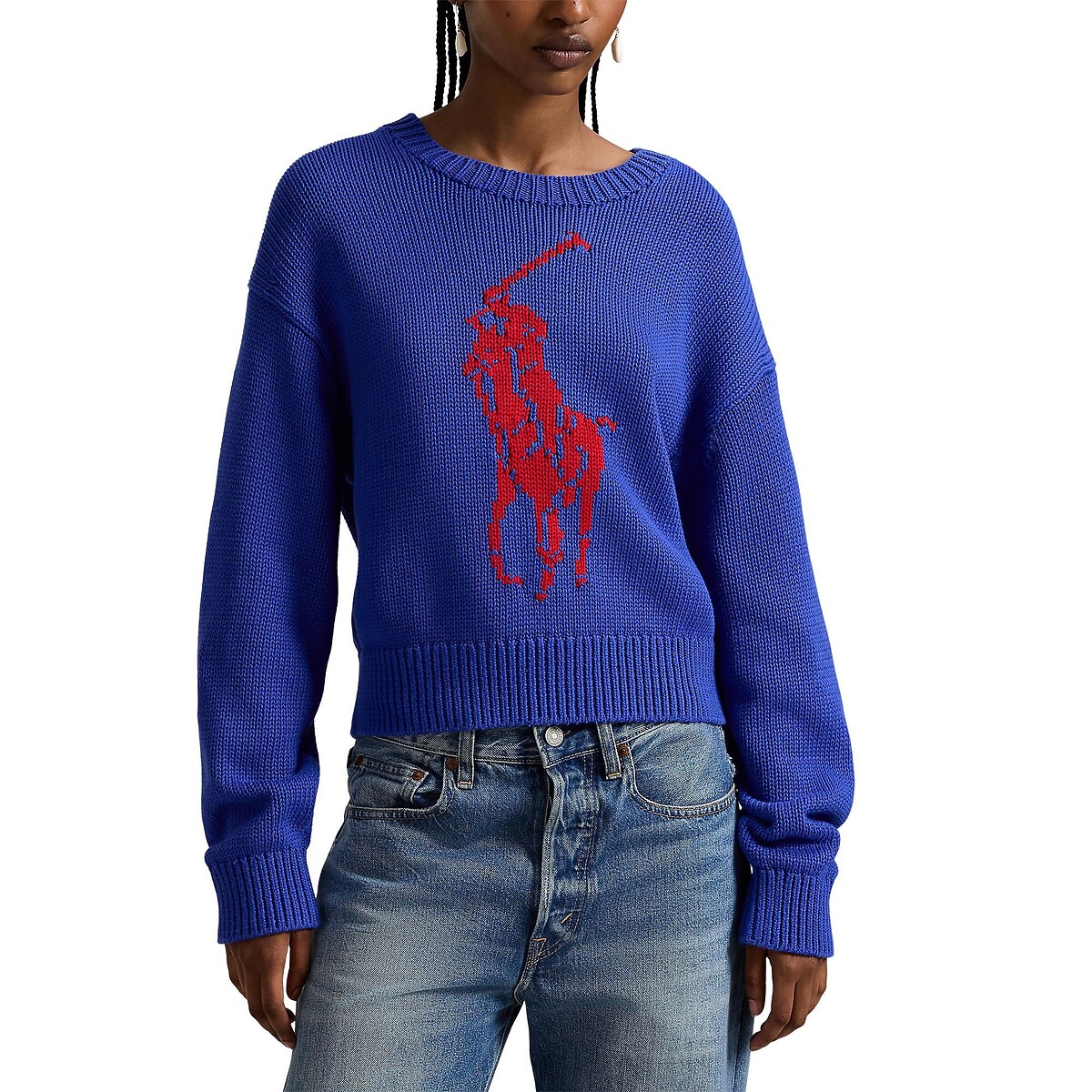 Pull a maniche lunghe con scollo rotondo e logo frontale blu royal, POLO RALPH LAUREN
