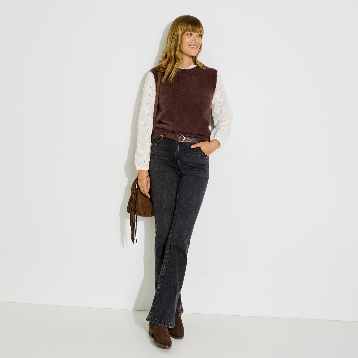 Pull col montant manches ajourées marron chocolat, GRAIN DE MALICE