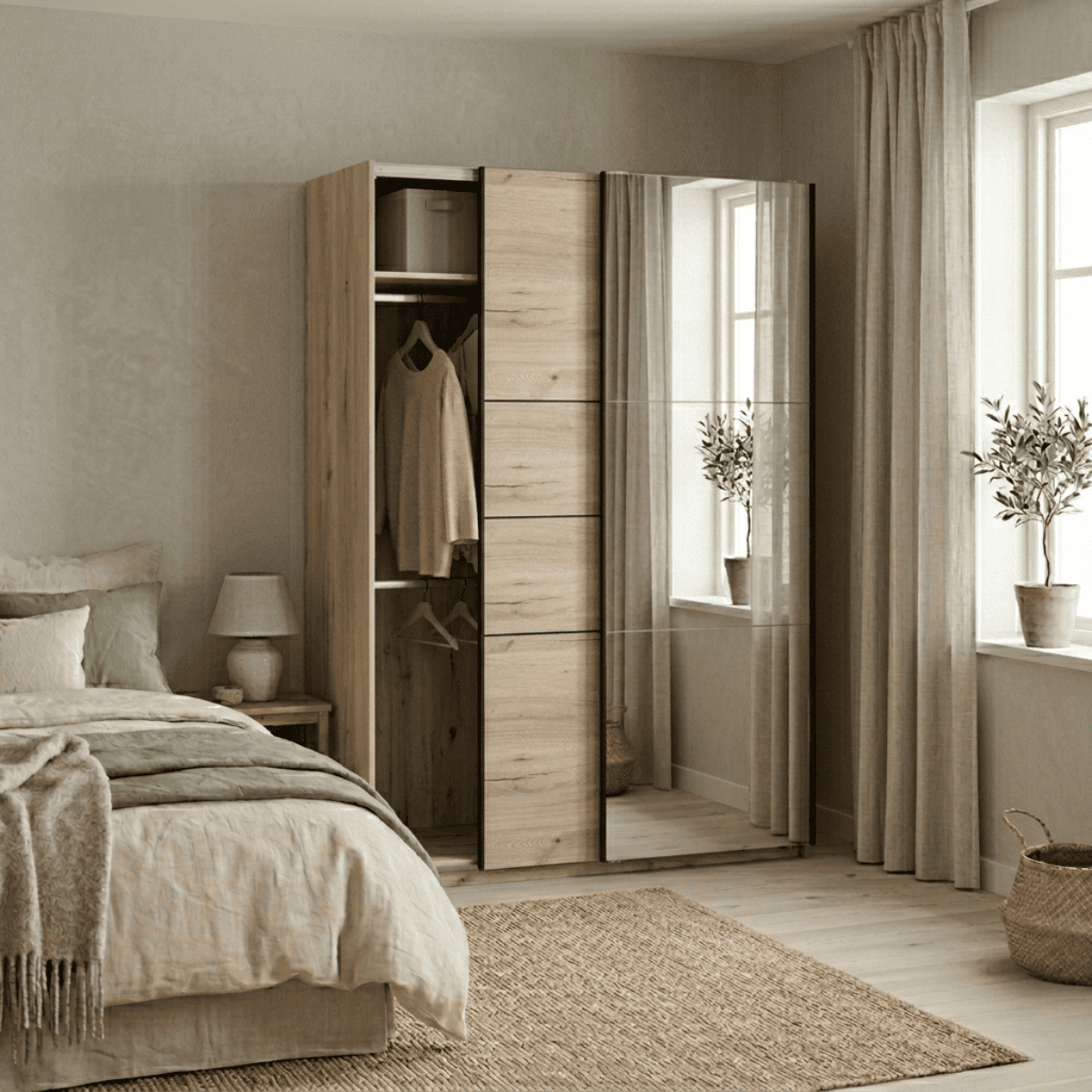 Armoire 2 portes coulissantes miroir LINE chêne, CALICOSY