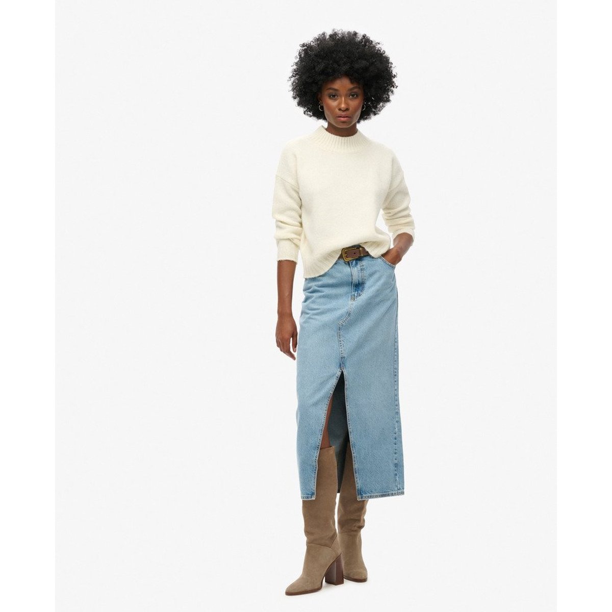 Jupe longue fendue en jean bleu beach, SUPERDRY