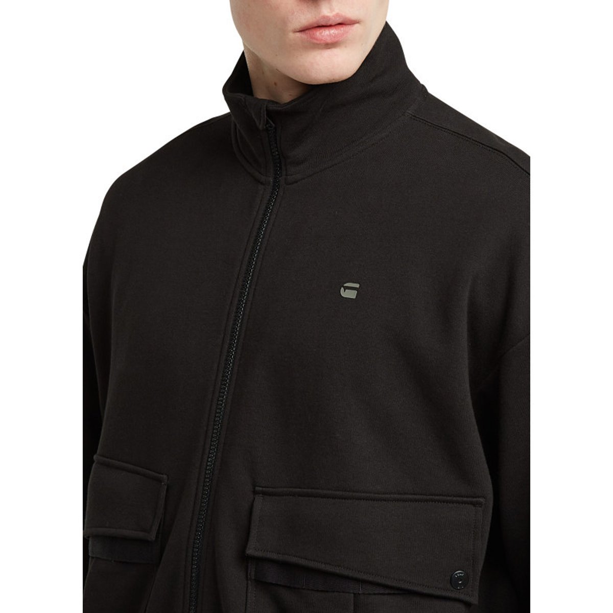 Sweat zippé en coton noir uni avec une coupe droite et un col montant noir, G-Star RAW