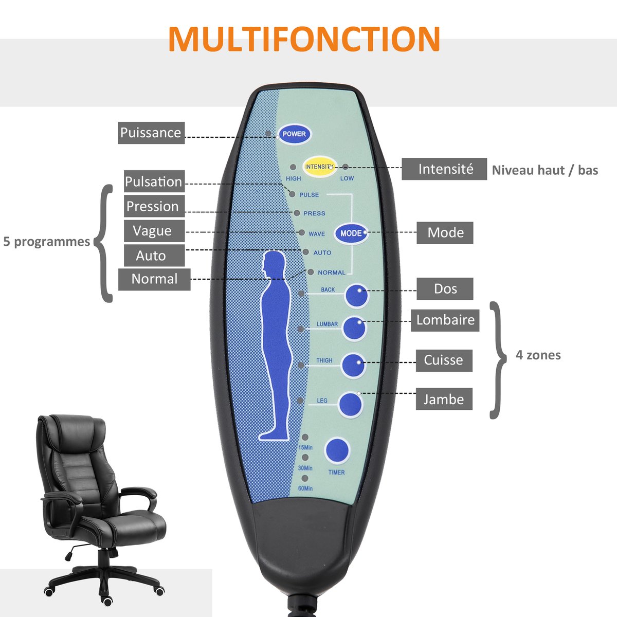 fauteuil de bureau avec fonction massage noir, HOMCOM