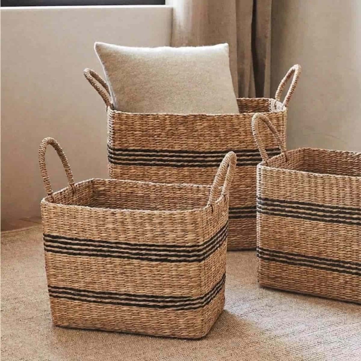 Set de 3 paniers rectangulaires en jonc de mer avec poignées beige, ORNAMI