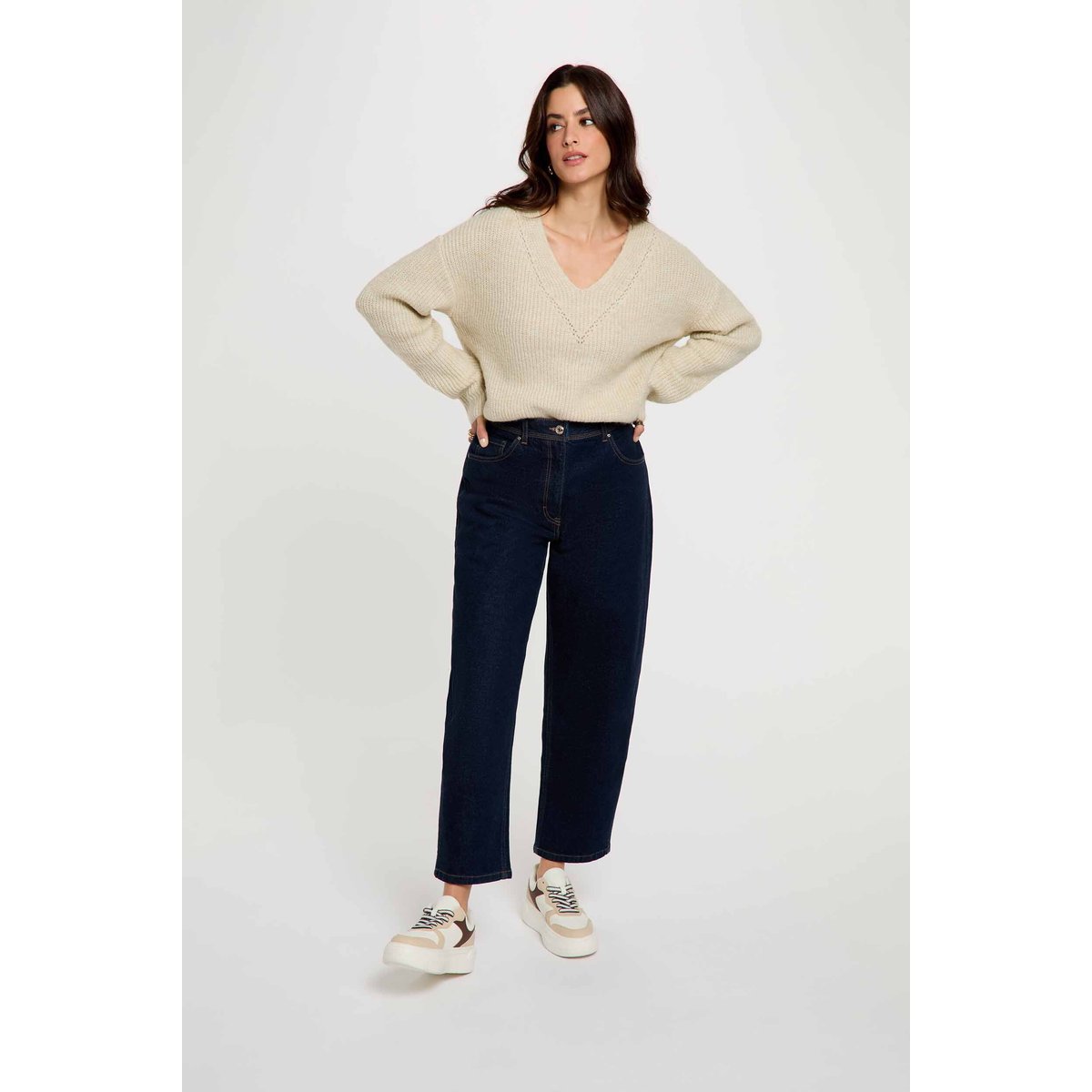 Pull col v manches longues beige, MORGAN