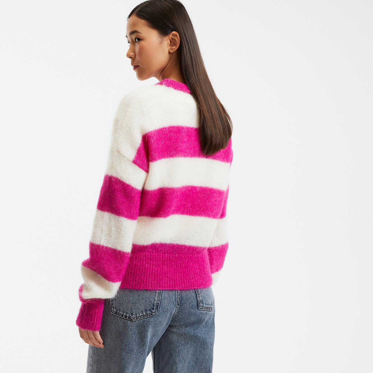 Striped Crew Neck Jumper in Alpaca Blend pink striped, LA REDOUTE COLLECTIONS