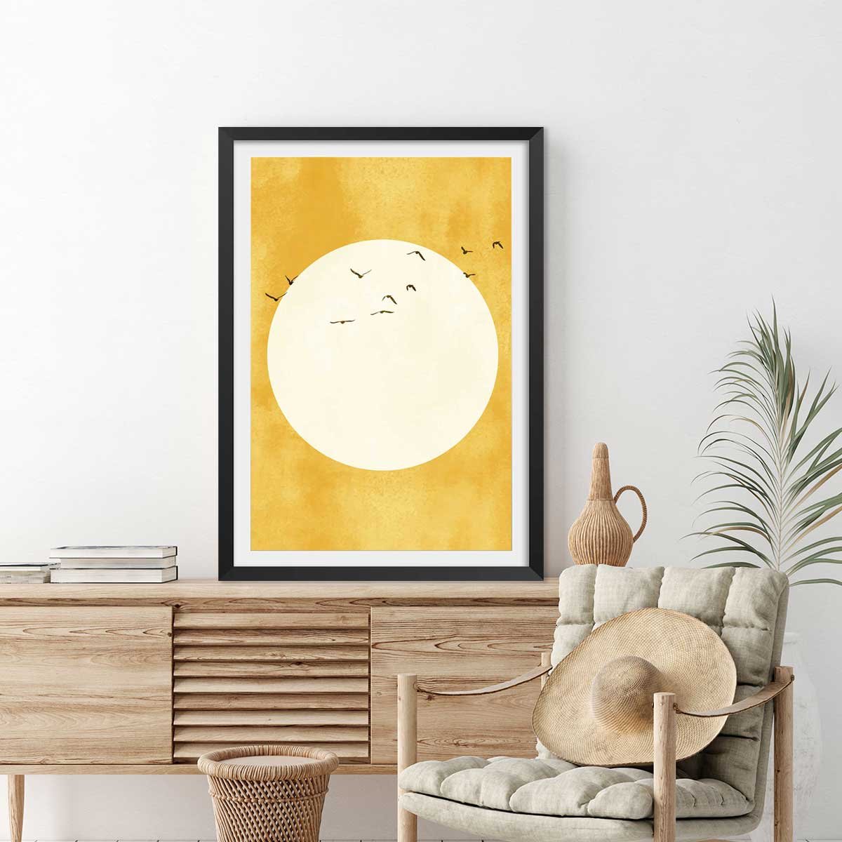Affiche dessin ""Eternel coucher du soleil"" affiche + cadre en bois - noir, HEXOA