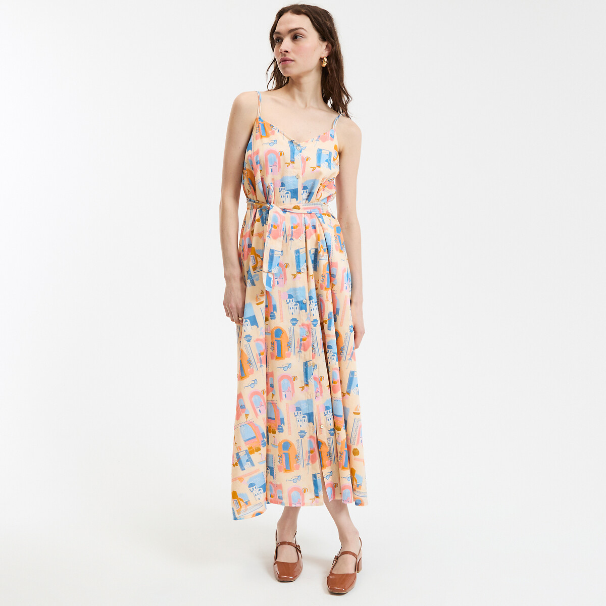 Printed Flared Maxi Dress with Shoestring Straps multi-coloured, LA REDOUTE COLLECTIONS