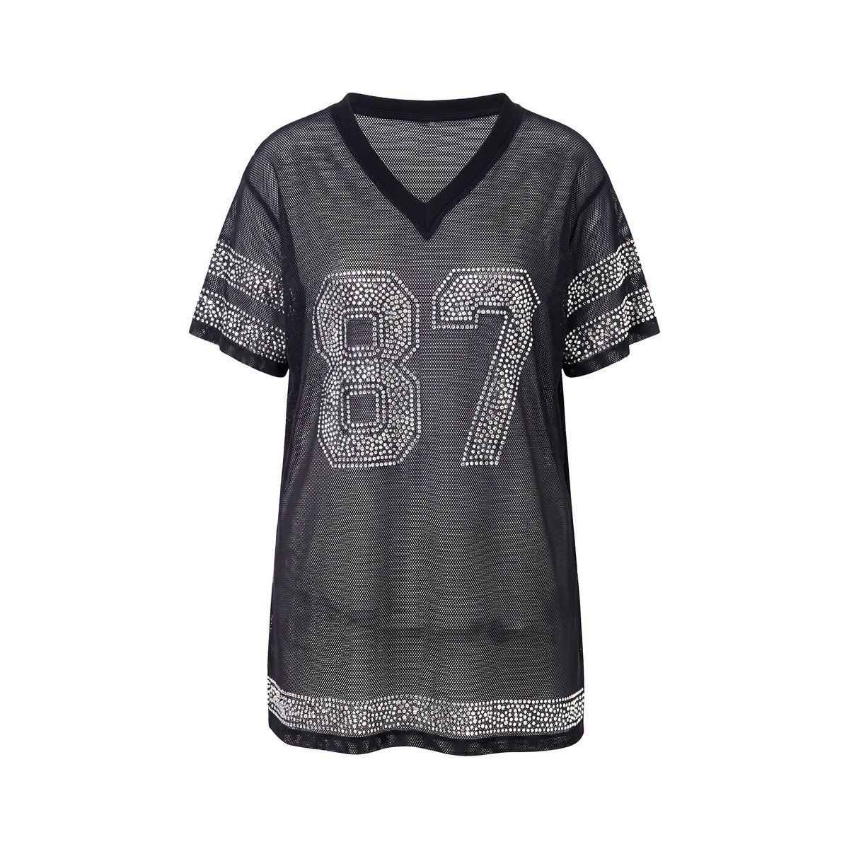 Maillot, t-shirt, mesh oversize, strass noir, ULLA POPKEN