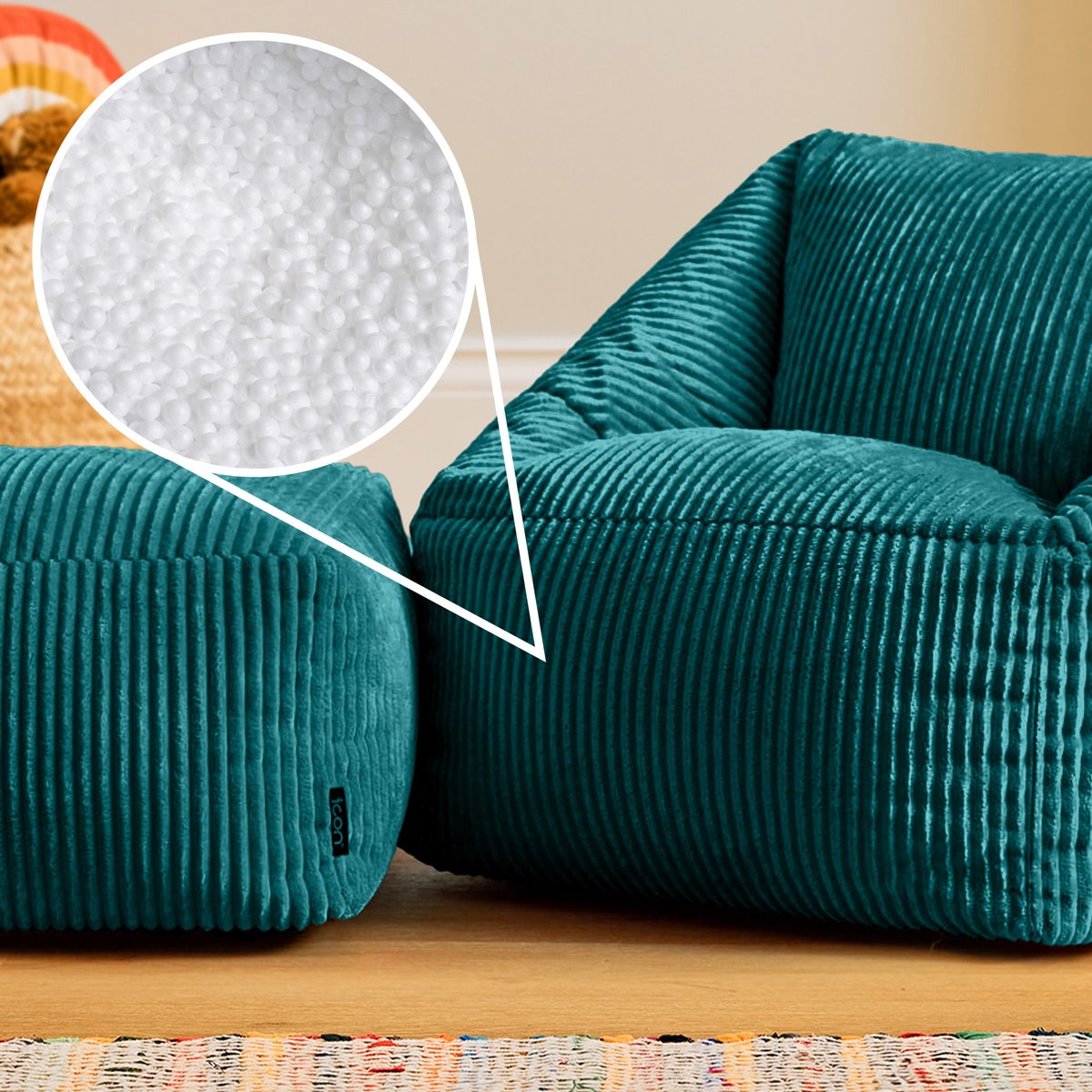 Pouf fauteuil enfant avec repose-pied carré en velours côtelé Oeko-Tex® - NATALIA bleu canard, ICON