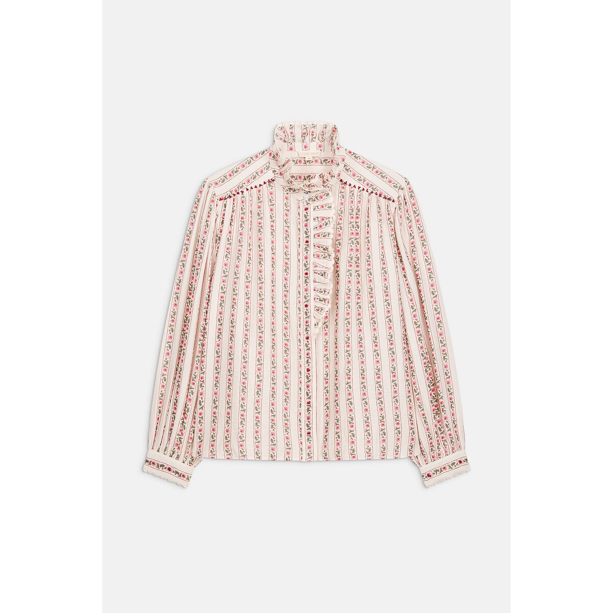Blouse col montant à volants et rayures, CORA blanc imprimé fleurs roses, LOUISE MISHA